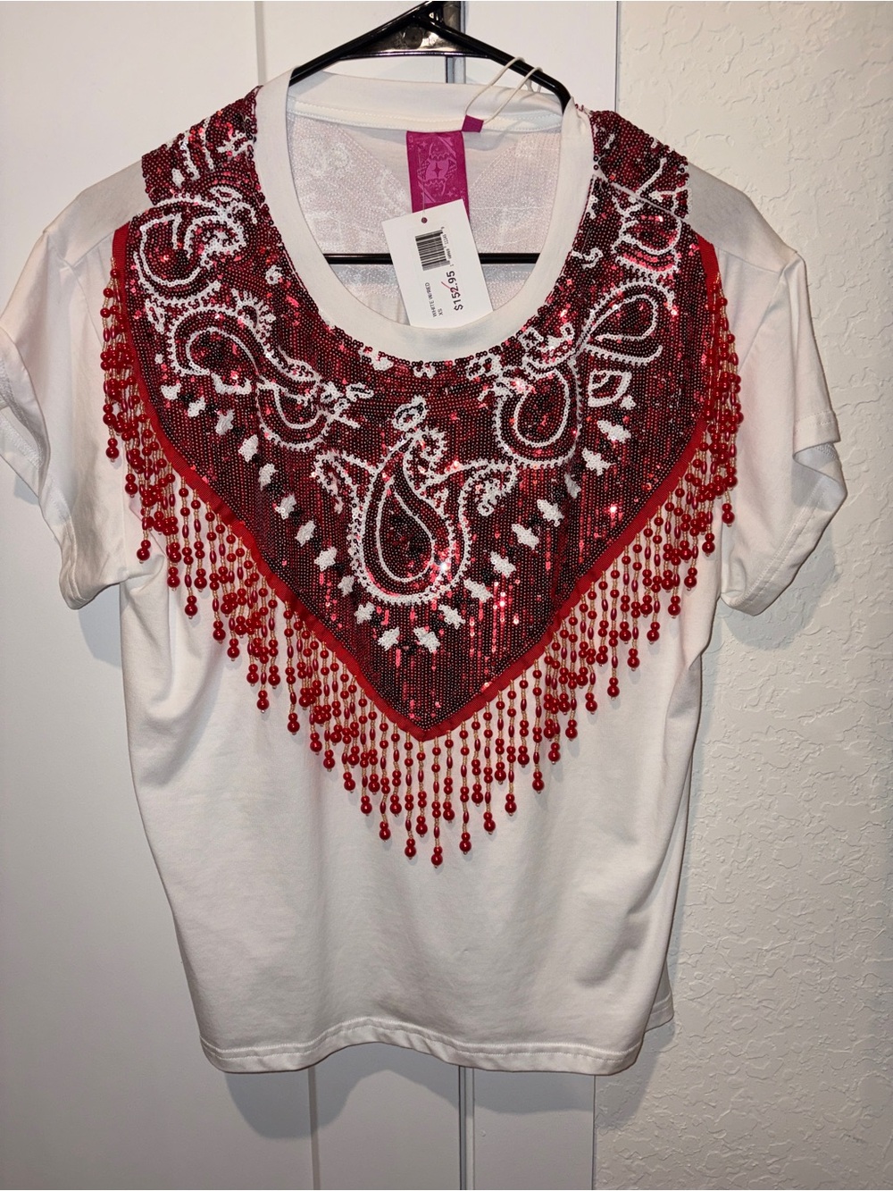 Queen of Sparkles White Women's Short-Sleeve Tee with Red Beaded Paisley Bib